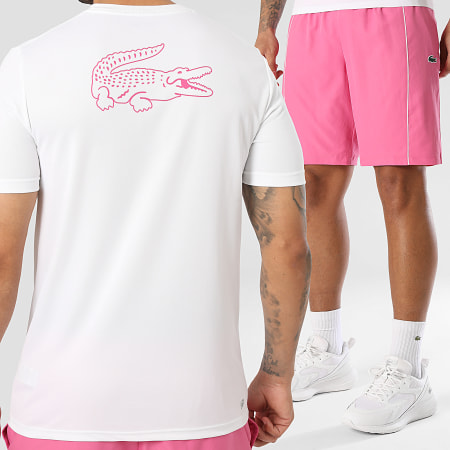 Lacoste - Ensemble Tee Shirt Et Short Jogging Logo Crocodile Blanc Rose