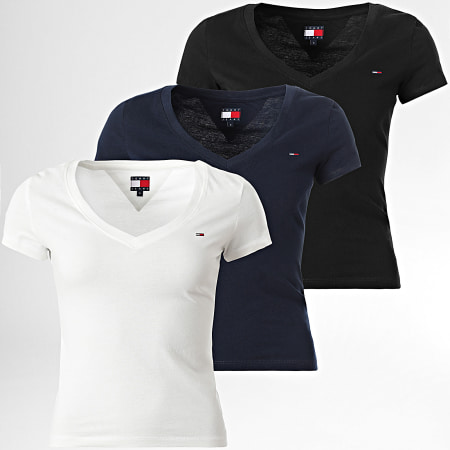 Tommy Jeans - Lot De 3 Tee Shirts Col V Femme 3005 Noir Blanc Bleu Marine