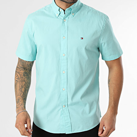 Tommy Hilfiger - Camicia Maniche Corte Regular Fit Flex Poplin Solid 2630 Turchese