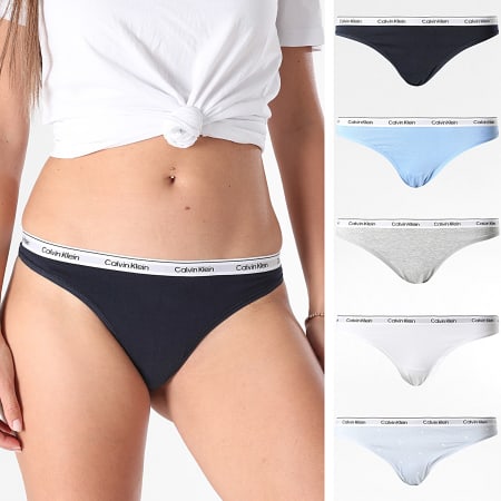 Calvin Klein - Lot De 5 Strings Femme Icon Logo QD5221E Bleu Marine Bleu Clair Gris Chiné Blanc