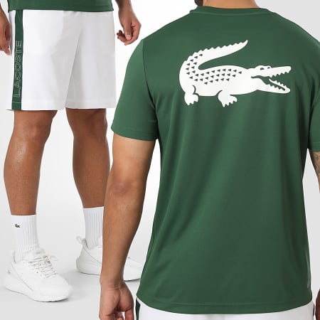 Lacoste - Ensemble Tee Shirt Et Short Jogging A Bandes Logo Crocodile Vert Blanc