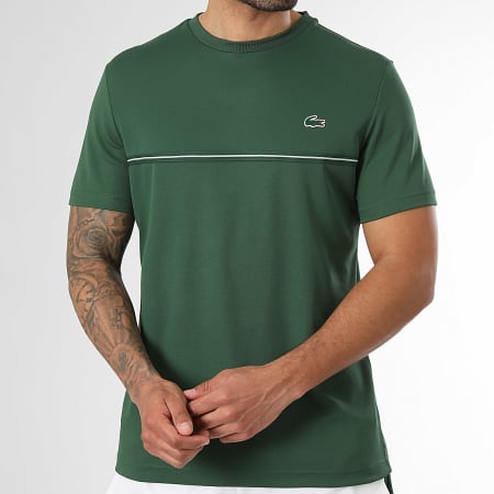 Lacoste - Ensemble Tee Shirt Et Short Jogging A Bandes Logo Crocodile Vert Blanc
