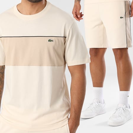 Lacoste - Ensemble Tee Shirt Et Short Jogging A Bandes Logo Brodé Crocodile Beige