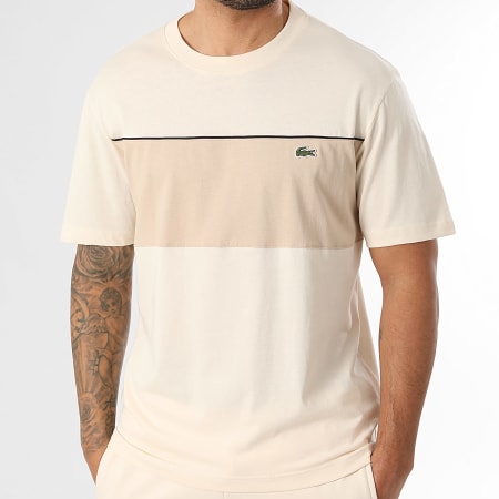 Lacoste - Ensemble Tee Shirt Et Short Jogging A Bandes Logo Brodé Crocodile Beige
