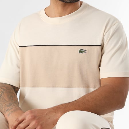 Lacoste - Ensemble Tee Shirt Et Short Jogging A Bandes Logo Brodé Crocodile Beige