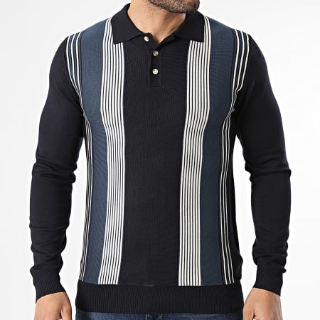 Frilivin - Polo Manches Longues A Rayures 656 Bleu Marine Beige Clair