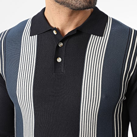 Frilivin - Polo Manches Longues A Rayures 656 Bleu Marine Beige Clair