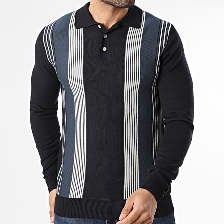 Frilivin - Polo Manches Longues A Rayures 656 Bleu Marine Beige Clair