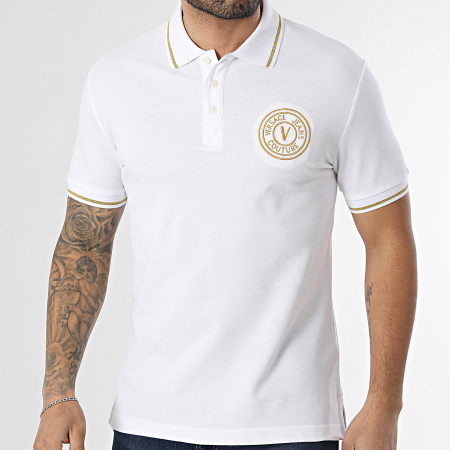 Versace Jeans Couture - Polo Manches Courtes Slim Emblem Embroidery 80GAGT03-CJ01T Blanc Doré