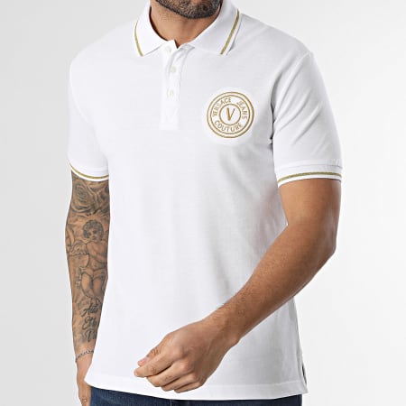 Versace Jeans Couture - Polo Manches Courtes Slim Emblem Embroidery 80GAGT03-CJ01T Blanc Doré