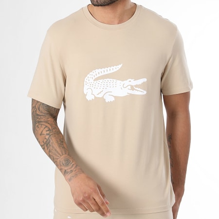 Lacoste - Ensemble Tee Shirt Et Short Jogging Logo Crocodile Imprimé Beige