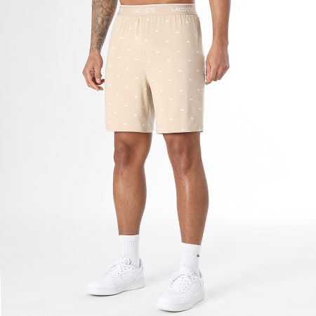Lacoste - Ensemble Tee Shirt Et Short Jogging Logo Crocodile Imprimé Beige