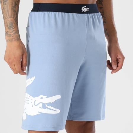 Lacoste - Short Jogging Loungewear Big Logo Crocodile Bleu Clair Blanc