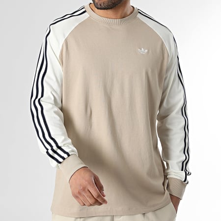 Adidas Originals - Tee Shirt Manches Longues A Bandes Britcore HZ3828 Beige