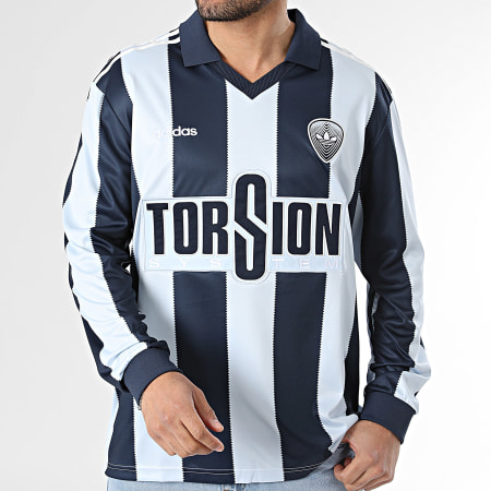 Adidas Originals - Tee Shirt Manches Longues Col V A Rayures Britcore Jersey HZ3787 Bleu Clair Bleu Marine