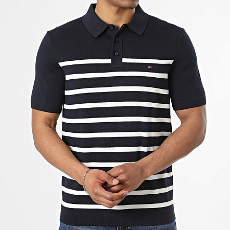 Tommy Hilfiger - Polo Manches Courtes A Rayures Essential Cotton Knitted 7396 Bleu Marine Blanc