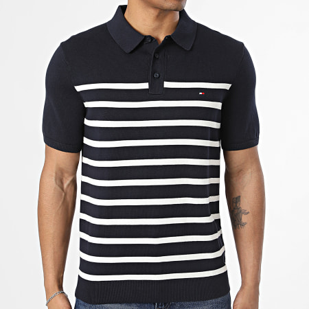 Tommy Hilfiger - Polo Manches Courtes A Rayures Essential Cotton Knitted 7396 Bleu Marine Blanc