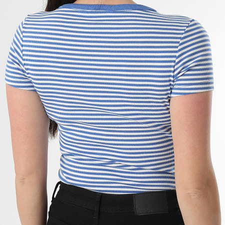Tommy Jeans - Tee Shirt Col V A Rayures Femme Slim Essential Rib 7385 Bleu Roi Blanc