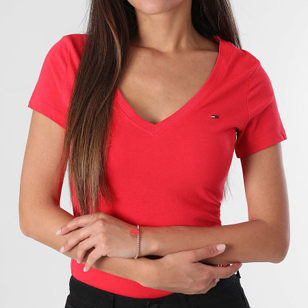 Tommy Jeans - Tee Shirt Col V Femme Slim 0458 Rouge