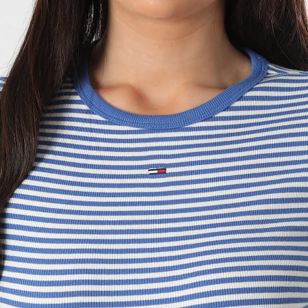Tommy Jeans - Tee Shirt A Rayures Slim Femme Essential 7383 Bleu Roi Blanc