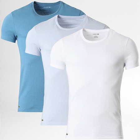 Lacoste - Lot De 3 Tee Shirts Slim Fit Logo Brodé Crocodile Blanc Bleu Clair Bleu Roi
