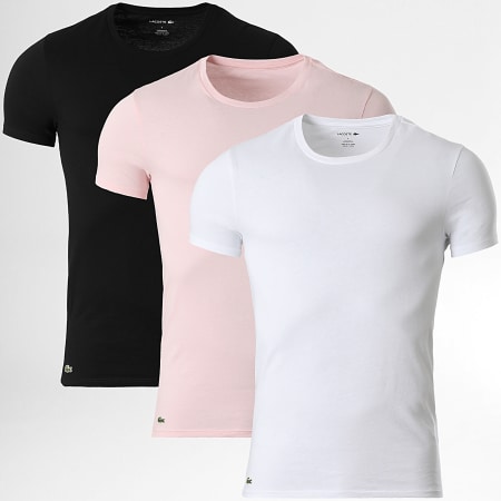 Lacoste - Lot De 3 Tee Shirts Slim Fit Logo Brodé Crocodile Blanc Noir Rose