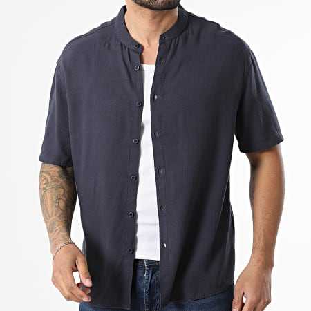 KZR - Chemise Manches Courtes Col Officier En Lin 211 Bleu Marine