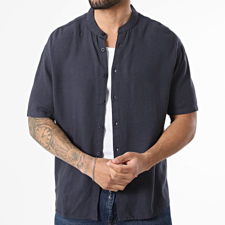 KZR - Chemise Manches Courtes Col Officier En Lin 211 Bleu Marine