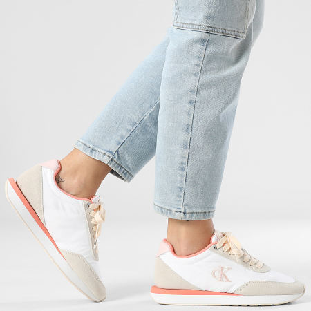 Calvin Klein - Zapatillas Mujer Retro Runner Essential Mix Mat 1990 Brillante Blanco Castaño Rosa Claro