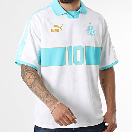 Puma - Maillot De Foot A Bandes OM King Retro Jersey 785577 Blanc Turquoise