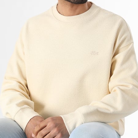 Lacoste - Sweat Crewneck Texturé Loose Fit Logo Brodé Crocodile Ton Sur Ton Beige
