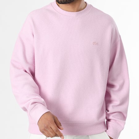 Lacoste - Sweat Crewneck Texturé Loose Fit Logo Brodé Crocodile Ton Sur Ton Rose