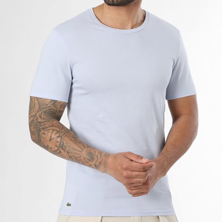 Lacoste - Lot De 3 Tee Shirts Slim Fit Logo Brodé Crocodile Blanc Rose Bleu Clair