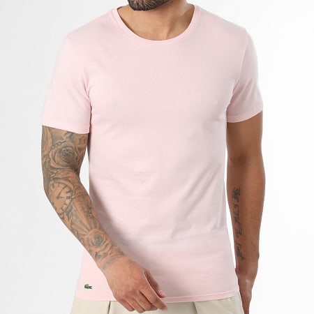 Lacoste - Lot De 3 Tee Shirts Slim Fit Logo Brodé Crocodile Blanc Rose Bleu Clair