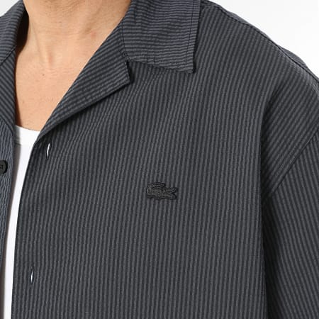 Lacoste - Chemise Manches Courtes A Rayures Logo Brodé Crocodile Ton Sur Ton Noir Gris Anthracite