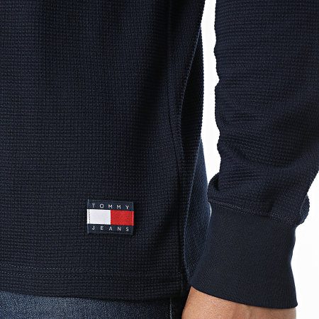 Tommy Jeans - Tee Shirt Manches Longues Col Boutonné Waffle Henley 2525 Bleu Marine