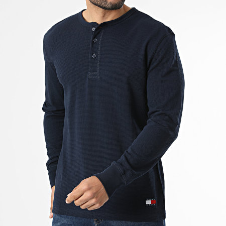 Tommy Jeans - Tee Shirt Manches Longues Col Boutonné Waffle Henley 2525 Bleu Marine