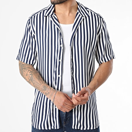Only And Sons - Chemise Manches Courtes A Rayures Estivale Wayne Life Blanc Bleu Marine