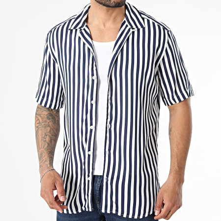 Only And Sons - Chemise Manches Courtes A Rayures Estivale Wayne Life Blanc Bleu Marine
