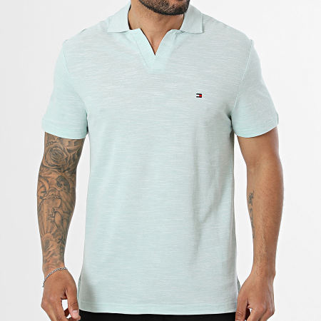 Tommy Hilfiger - Polo Manches Courtes Col V Slub Oxford Pique 8482 Vert Chiné