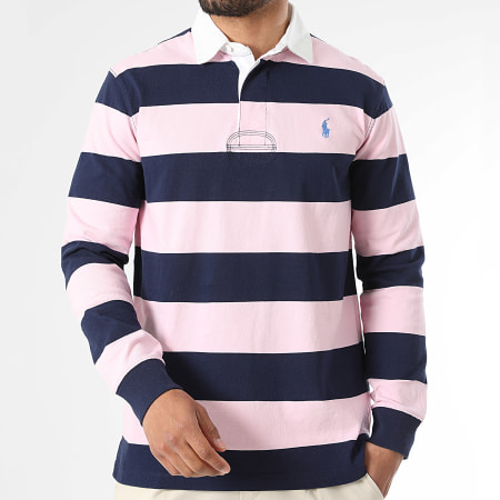 Polo Ralph Lauren - Polo Manches Longues A Rayures Original Player Rose Bleu Marine