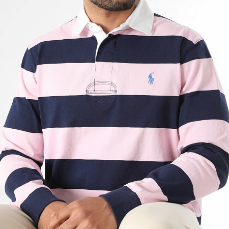 Polo Ralph Lauren - Polo Manches Longues A Rayures Original Player Rose Bleu Marine