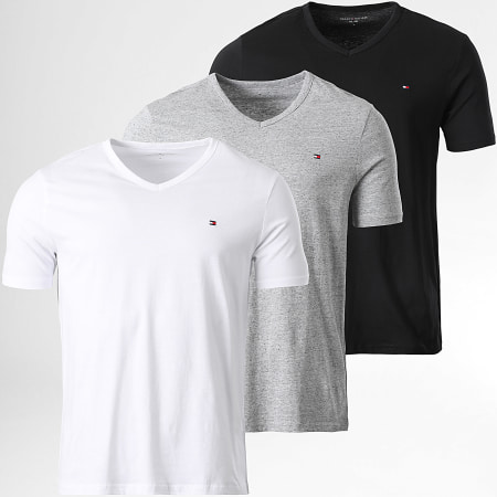 Tommy Hilfiger - Lot De 3 Tee Shirts Col V 3865 Noir Gris Chiné Blanc