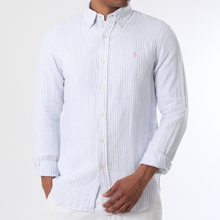Polo Ralph Lauren - Chemise Manches Longues A Rayures Original Player Blanc Bleu Clair