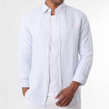Polo Ralph Lauren - Chemise Manches Longues A Rayures Original Player Blanc Bleu Clair