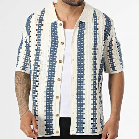 Frilivin - Chemise Manches Courtes Ajourée 318 Beige Clair Bleu Marine