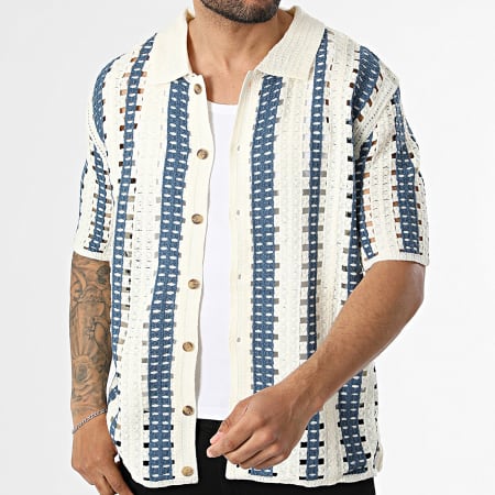 Frilivin - Chemise Manches Courtes Ajourée 318 Beige Clair Bleu Marine