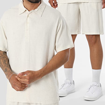 Classic Series - Ensemble Polo Manches Courtes Et Short Jogging En Lin 392 Beige Clair Chiné