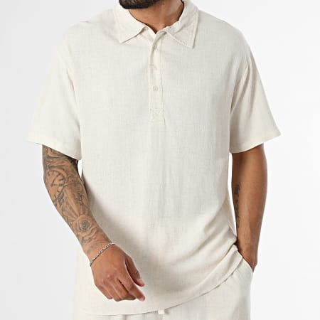 Classic Series - Ensemble Polo Manches Courtes Et Short Jogging En Lin 392 Beige Clair Chiné