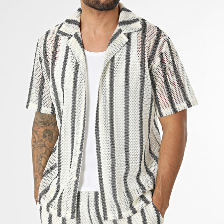 Frilivin - Ensemble Chemise Manches Courtes Et Short Crochet A Rayures 73U Beige Clair Noir